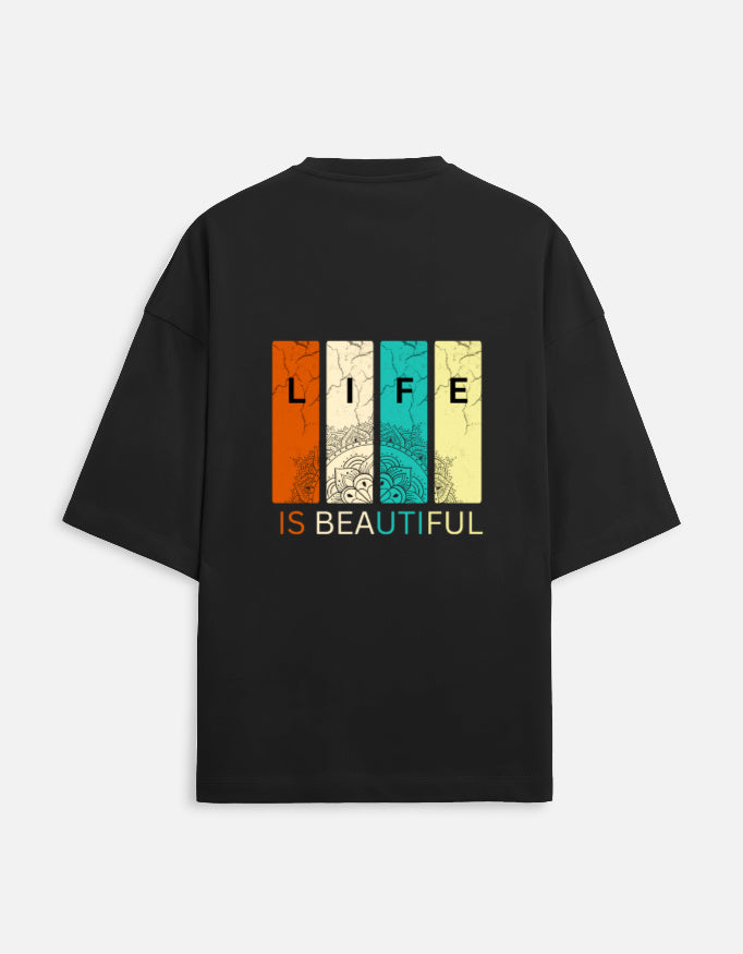 Life is Beautiful Retro Colorful Graphic Black Terry Knit Oversized T-Shirt