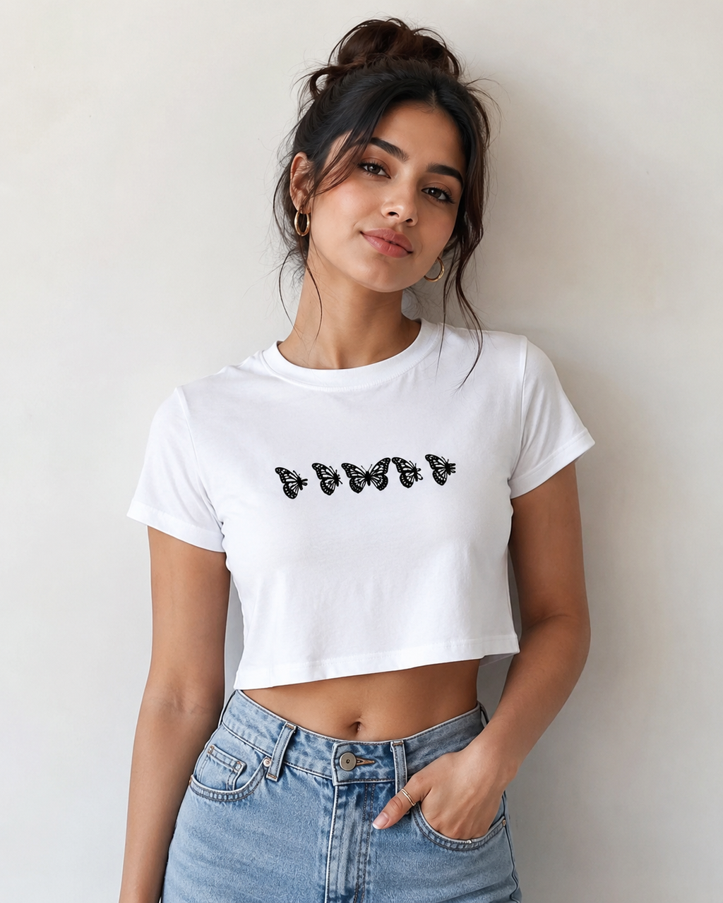 Butterfly Print White Crop Top for Women | Aesthetic Graphic Cropped T-Shirt