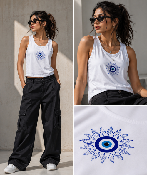 Black cotton crop top tank with an evil eye graphic from Street Gully, featuring a casual sleeveless design and bold print.