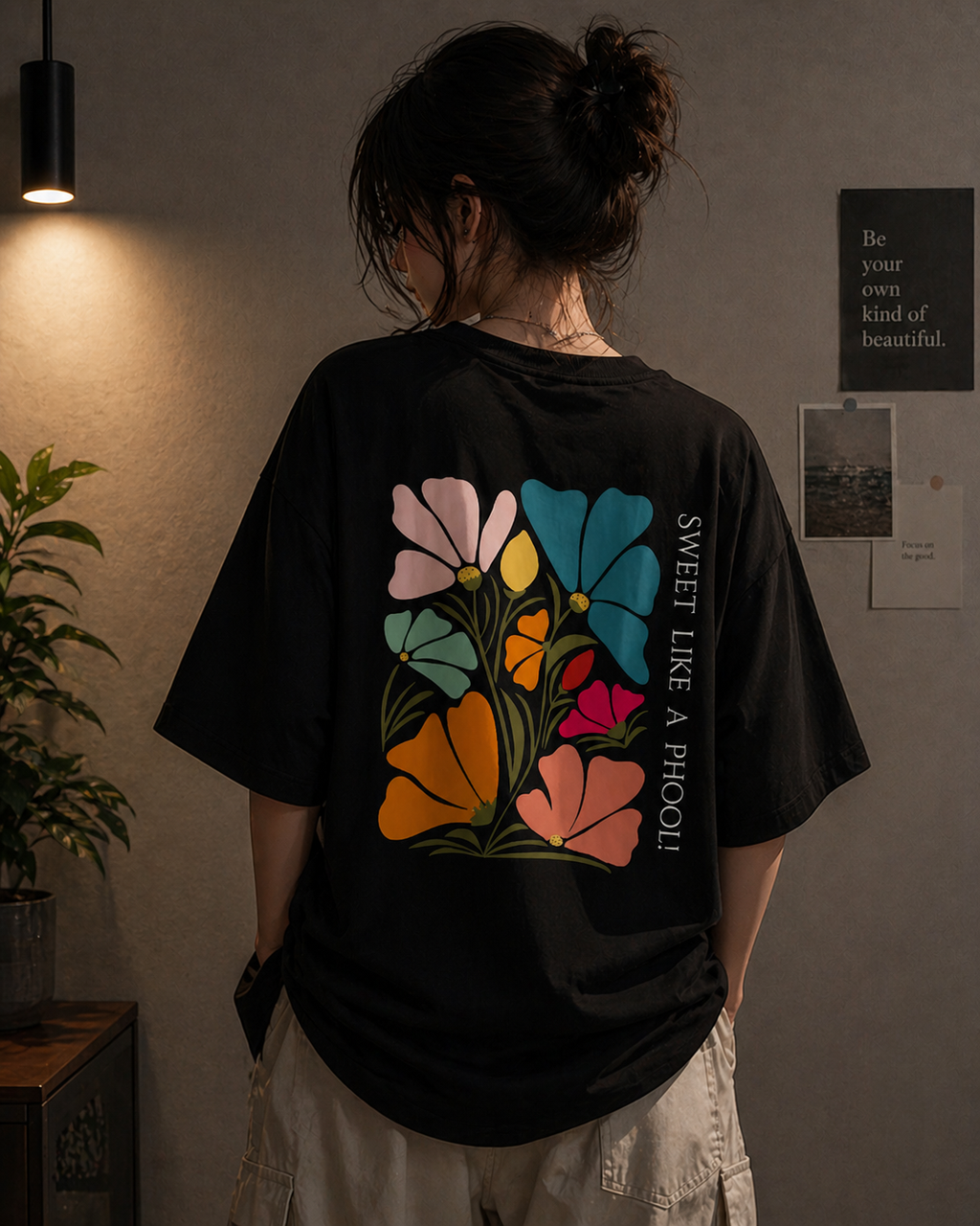 Street Gully Sweet Like a Phool black oversized T-shirt with minimal floral graphic design, casual and stylish for everyday wear.