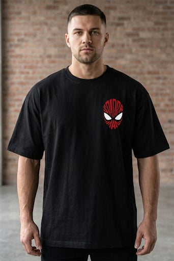 Street Gully Streetwear: Black 260 GSM oversized t-shirt with red Spider-Man logo on front.
