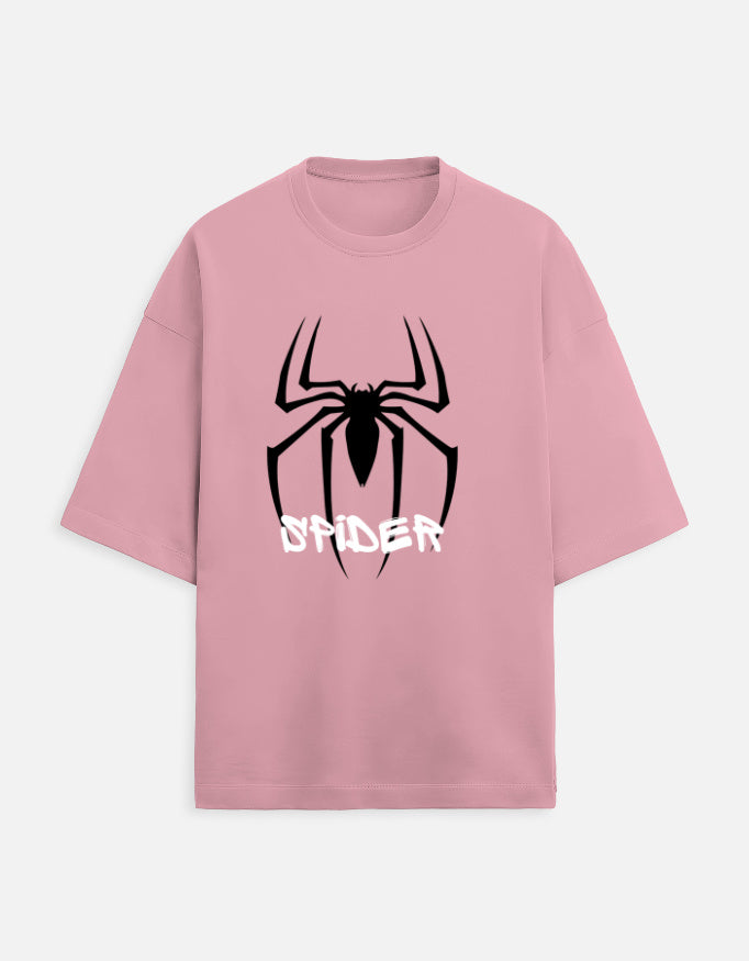 Unisex rose pink Spider Print Oversized T-Shirt by Street Gully featuring drop shoulder streetwear style and bold spider graphic.