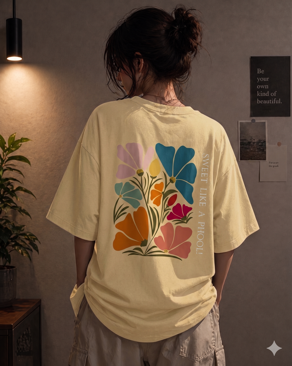 Black oversized T-shirt by Street Gully featuring a minimal floral graphic design, labeled "Sweet Like a Phool."