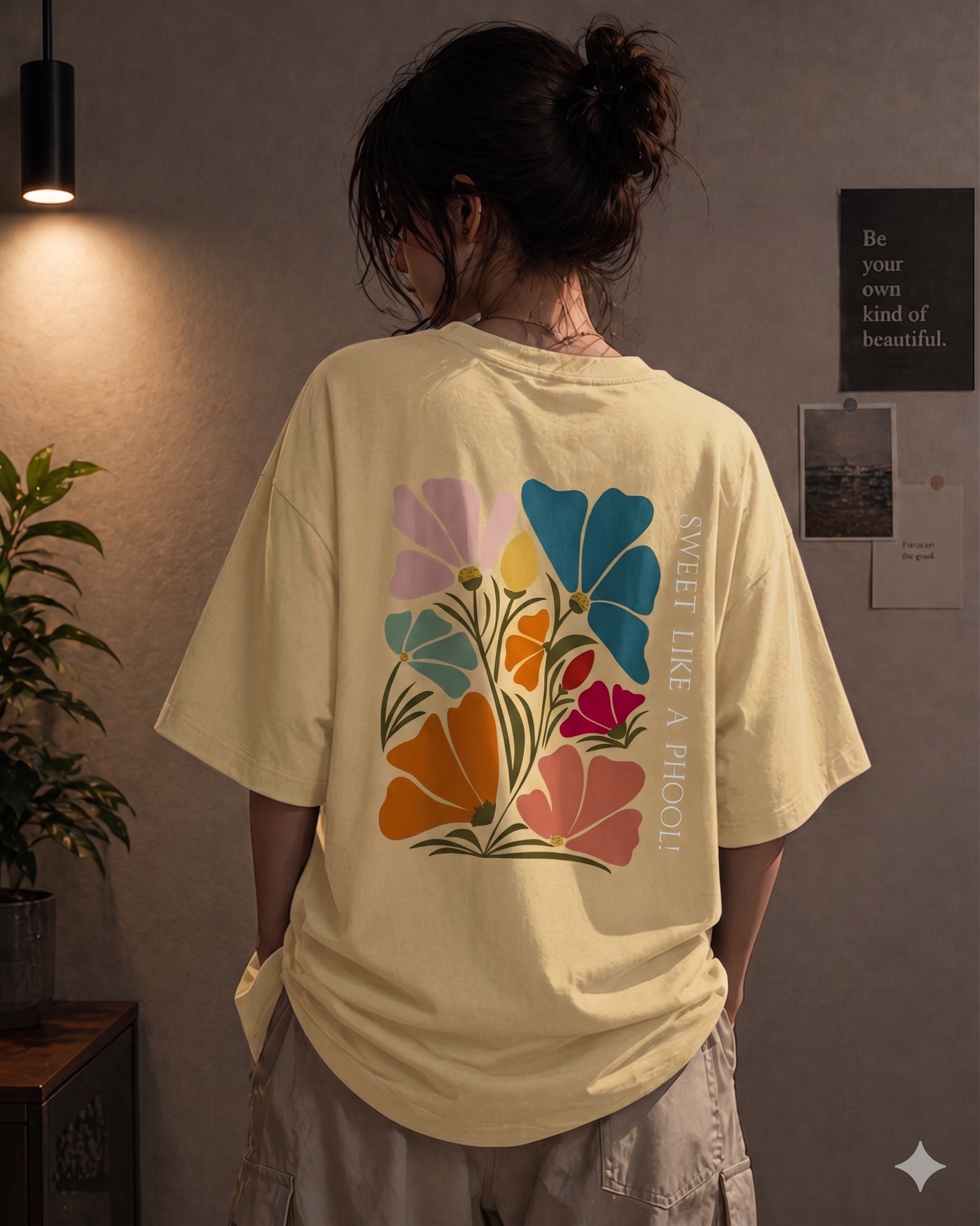 Black oversized T-shirt by Street Gully featuring a minimal floral graphic design, labeled "Sweet Like a Phool."