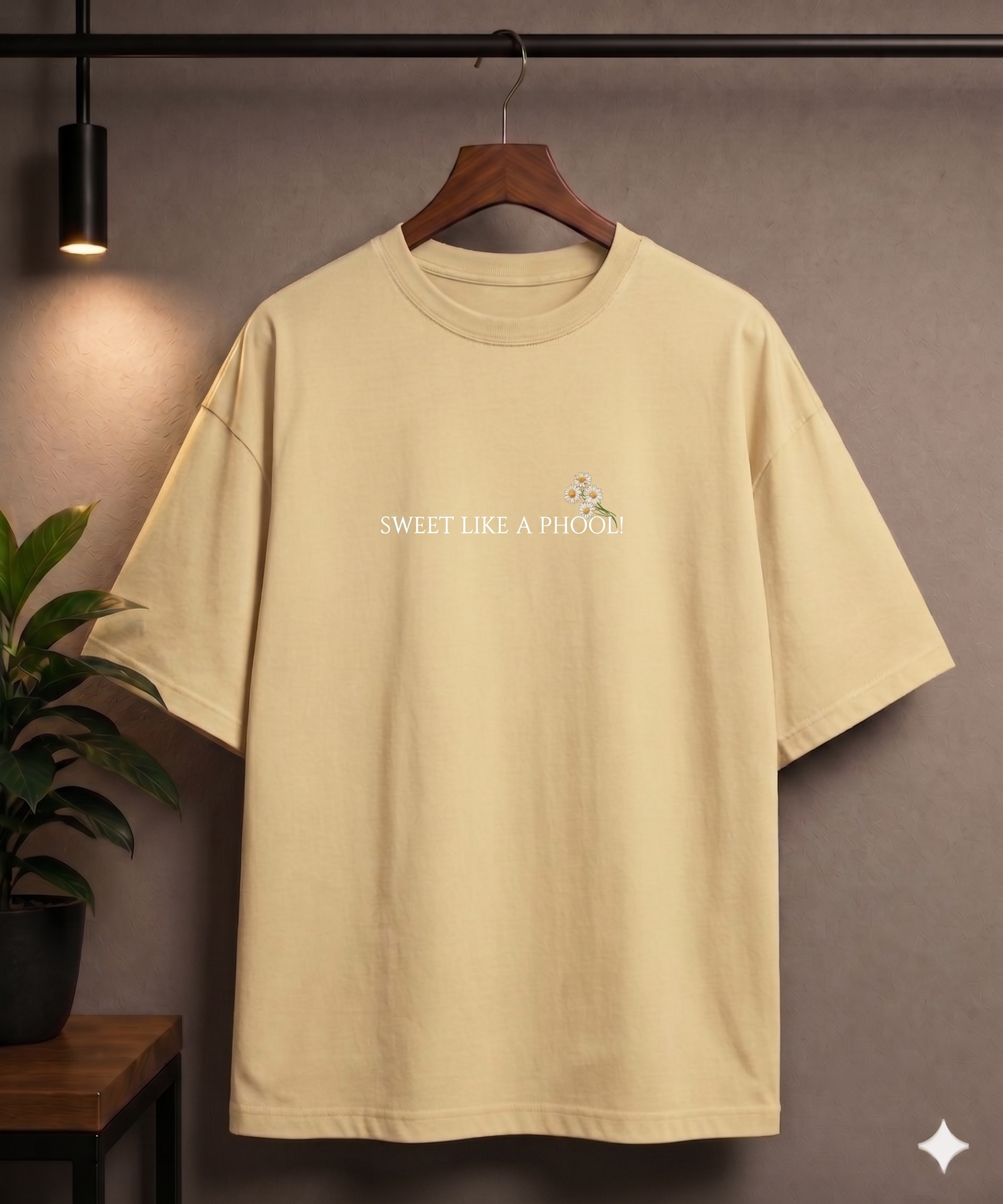 Black oversized T-shirt by Street Gully featuring a minimal floral graphic design, inspired by the "Sweet Like a Phool" style.