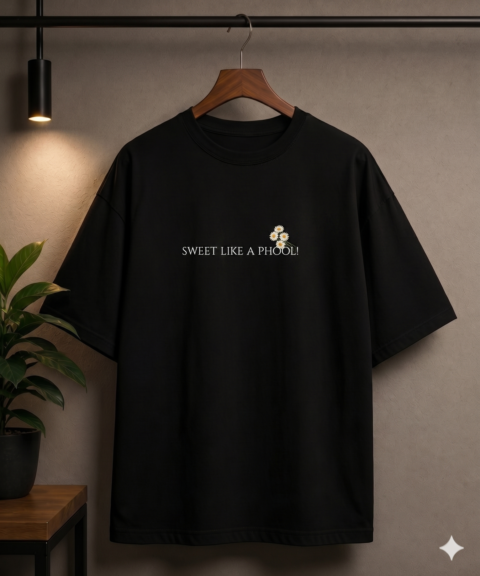Street Gully Sweet Like a Phool black oversized T-shirt with minimal floral graphic design on the front.