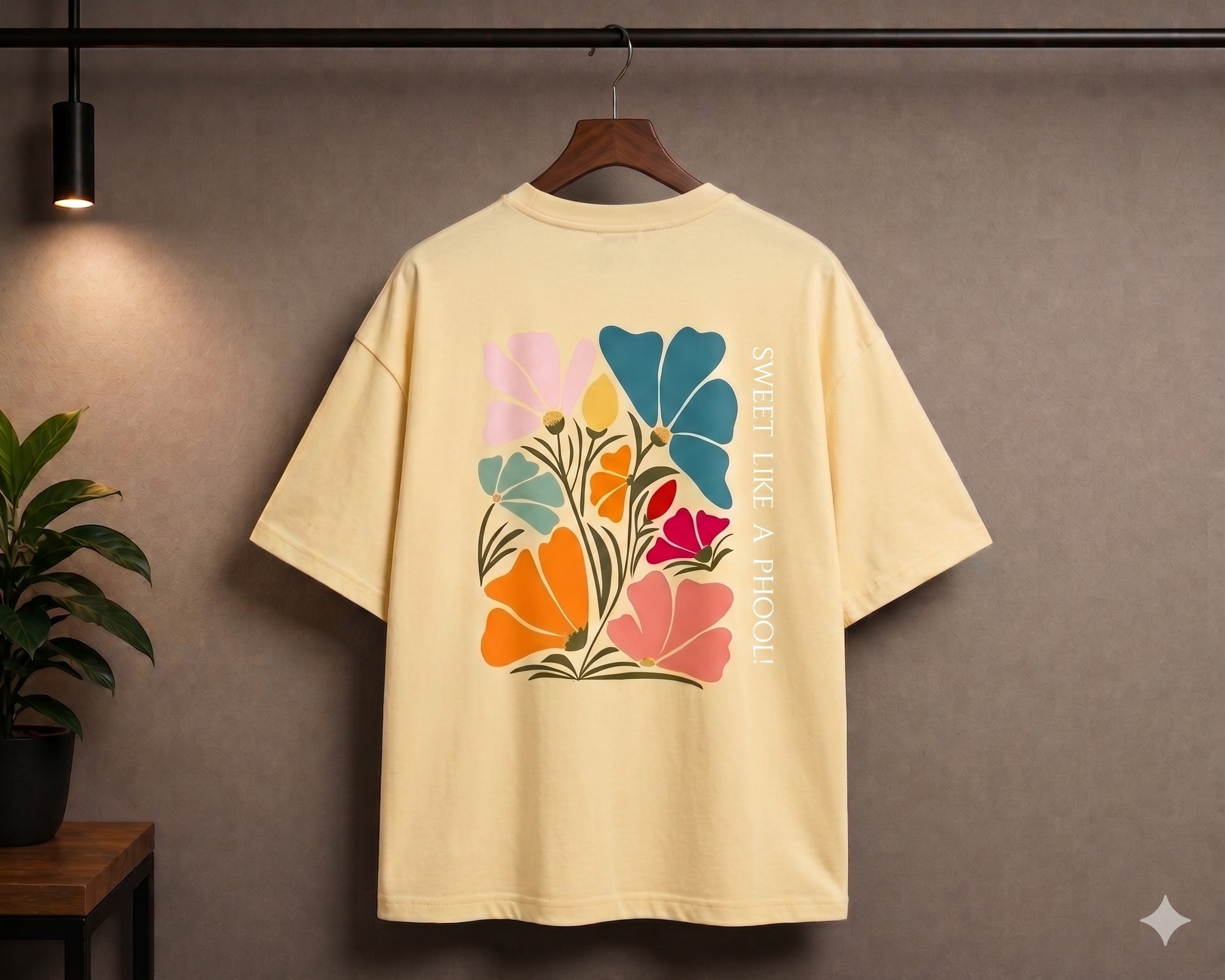Black oversized T-shirt by Street Gully featuring a minimal floral graphic design on the front.