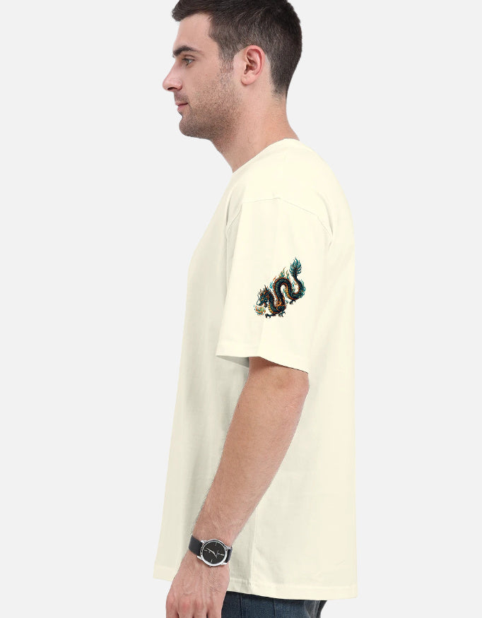 Side-profile of a model wearing an off-white oversized t-shirt with a black minimalist graphic on the sleeve, premium 260 GSM Terry-knit streetwear by Street Gully.