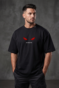 Front view of Street Gully Black Oversized T-shirt with Red Eyes Graphic design.