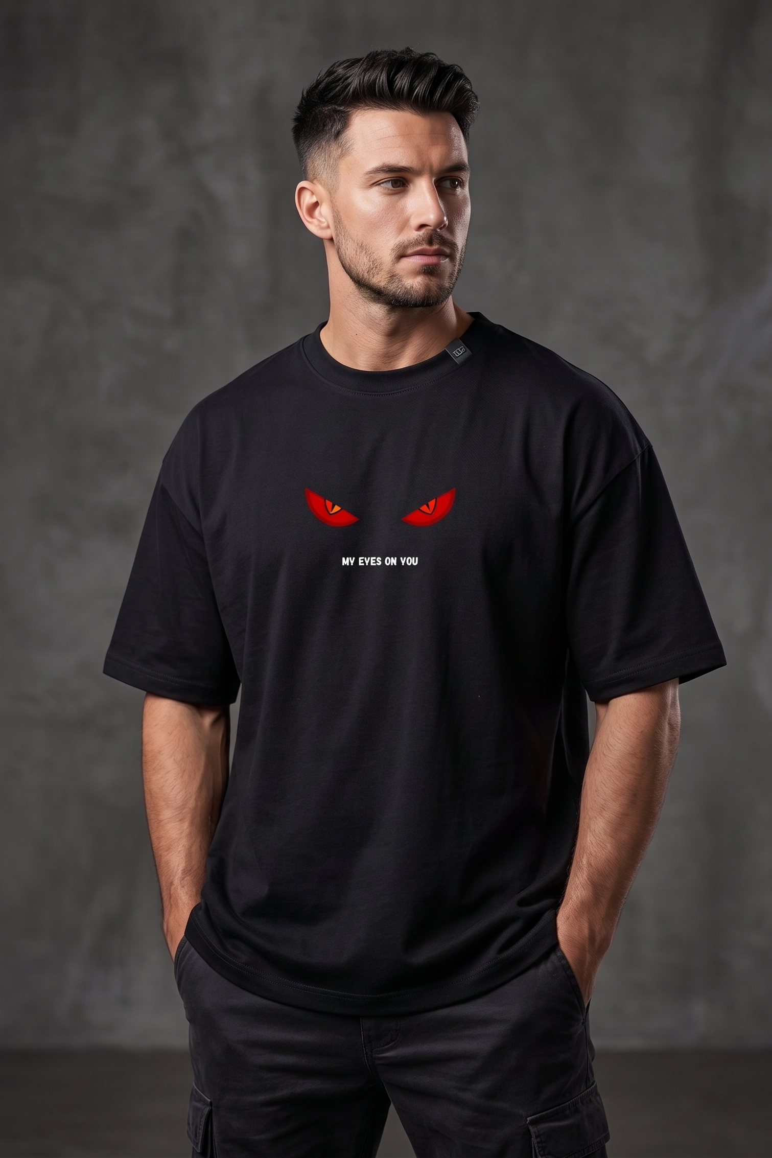 Front view of Street Gully Black Oversized T-shirt with Red Eyes Graphic design.