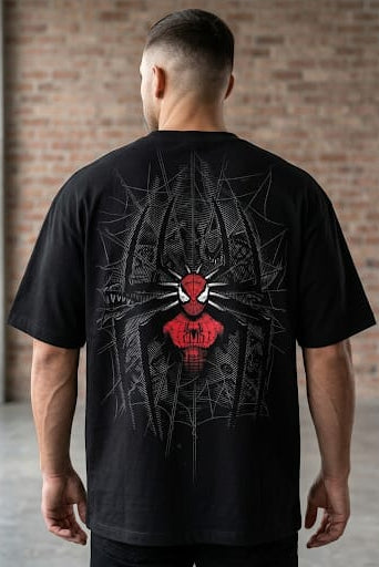 Street Gully black oversized streetwear t-shirt with Spider-Man back print.