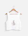 "Women's white cotton crop tank top featuring a colorful floral paisley print"