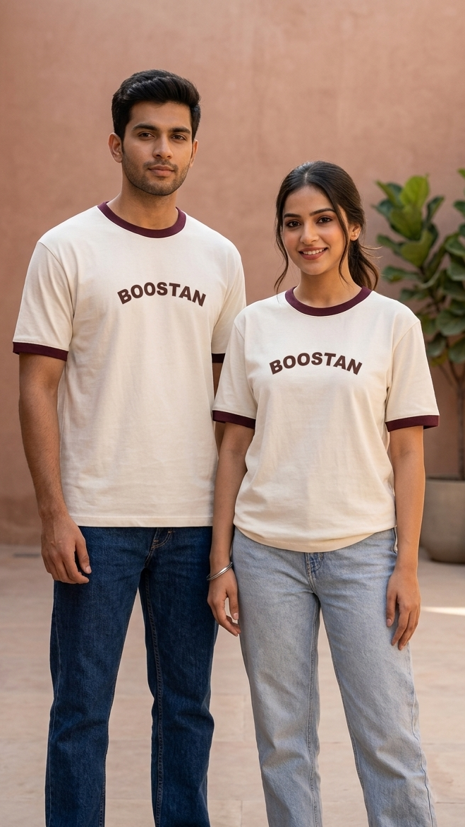 Young man and woman posing in matching off-white BOOSTAN ringer tees with maroon collar and cuffs, styled with blue jeans."