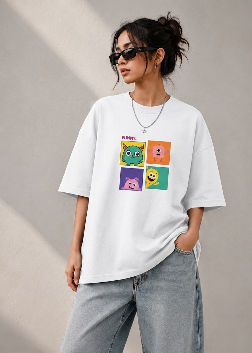 Woman wearing a white oversized graphic t-shirt with colorful cartoon print and relaxed streetwear fit
