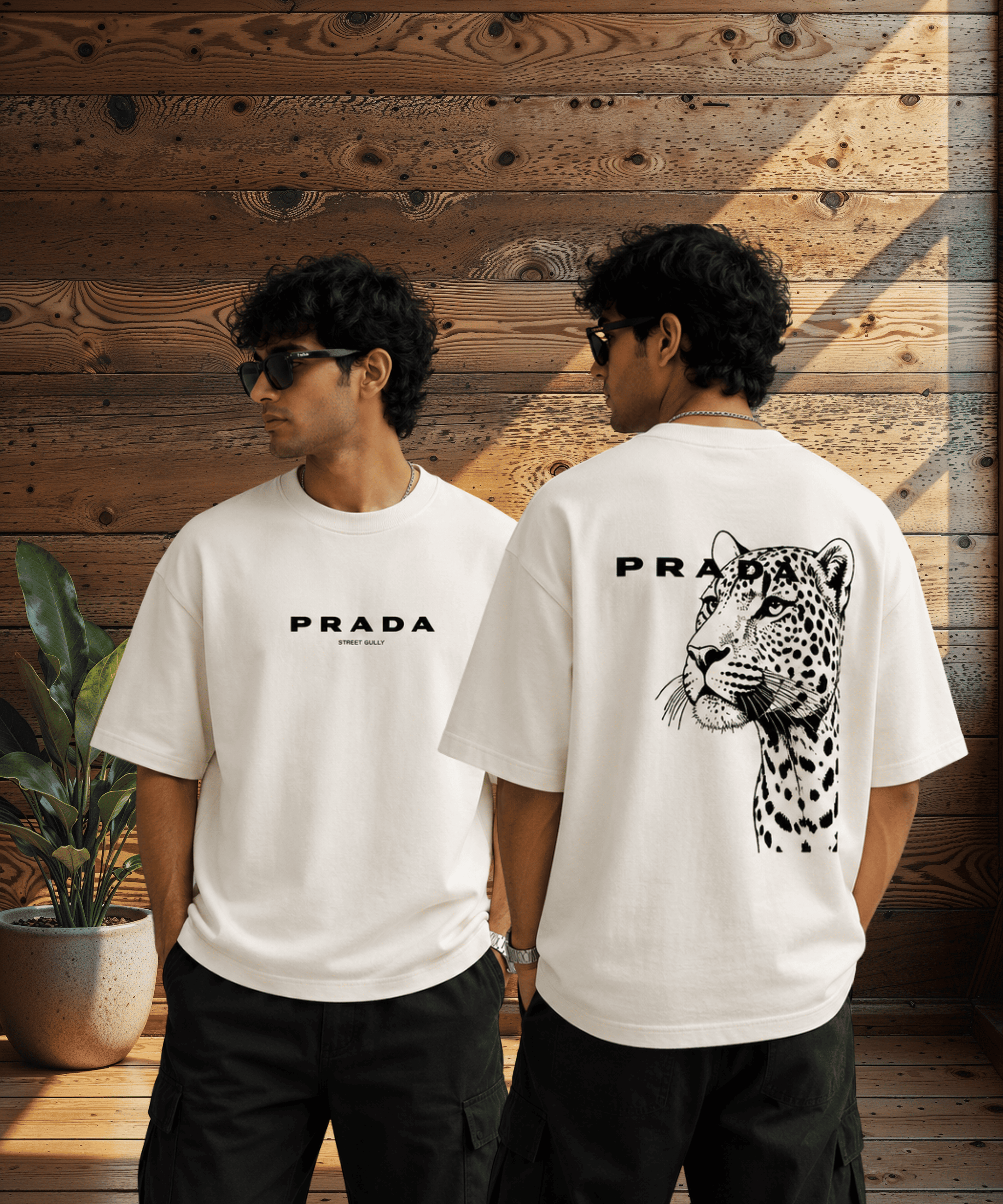 Off-white oversized graphic t-shirt with minimal PRADA front print and detailed leopard back design.