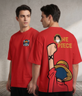 Red oversized casual t-shirt with official One Piece anime branding, including a large back graphic of Luffy from the Alabasta arc and a chest embroidered logo.