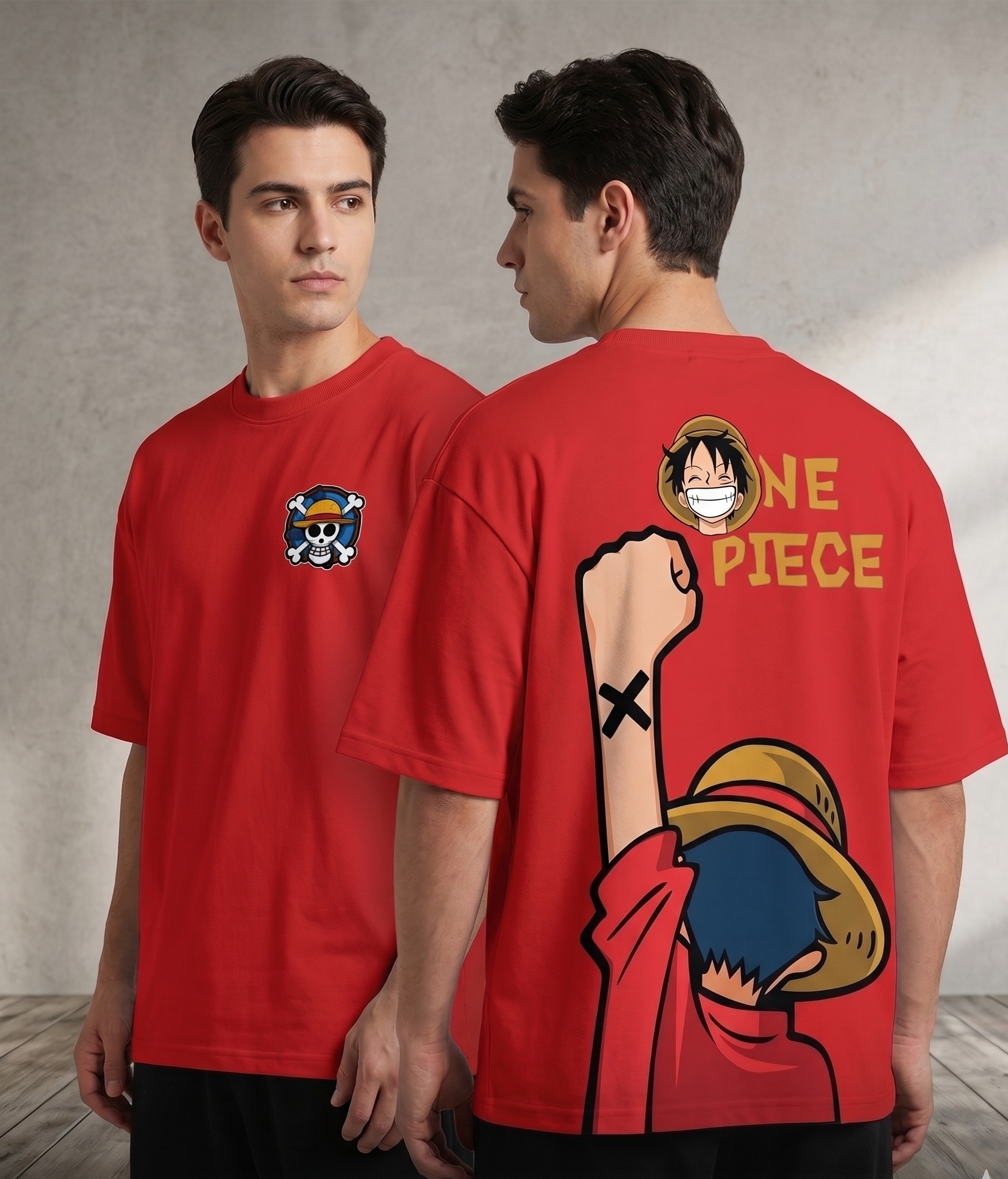 Red oversized casual t-shirt with official One Piece anime branding, including a large back graphic of Luffy from the Alabasta arc and a chest embroidered logo.