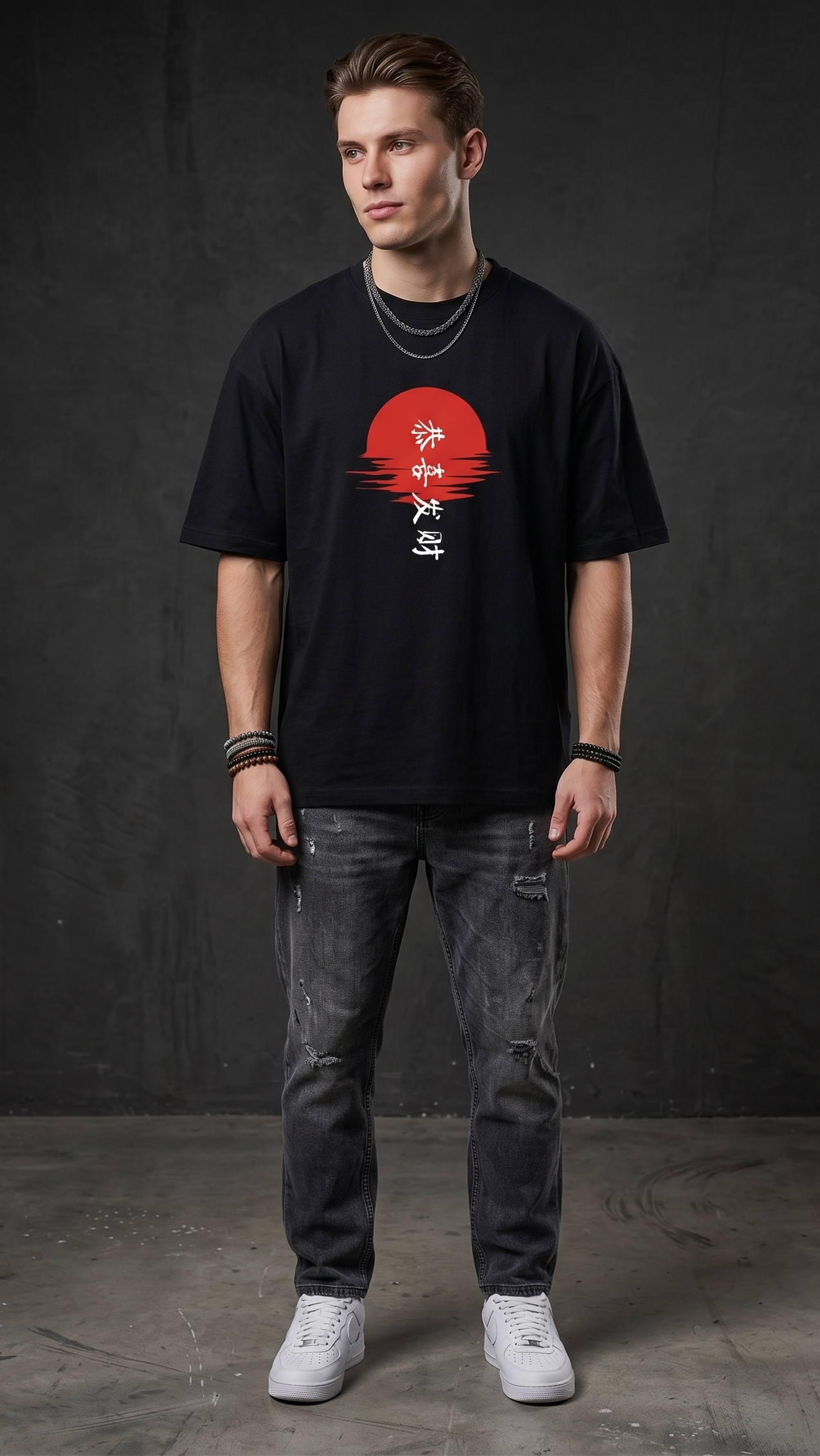 treet Gully black oversized t-shirt with red sun and white Japanese calligraphy print.