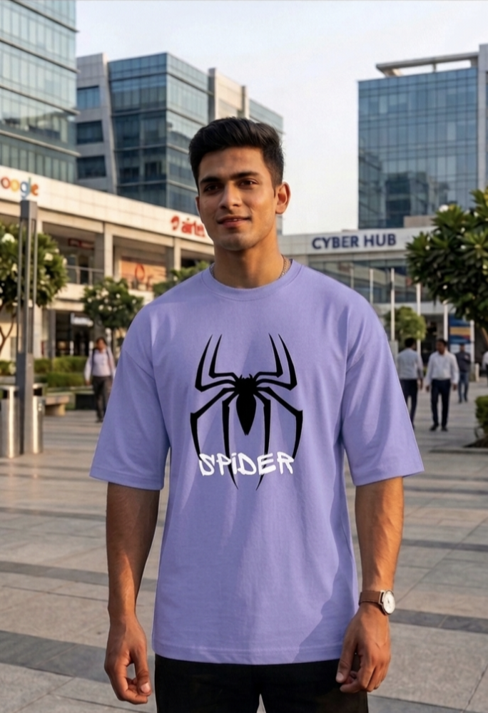 Unisex Purple Spider Print Oversized T-Shirt by Street Gully featuring drop shoulder streetwear style and bold spider graphic.