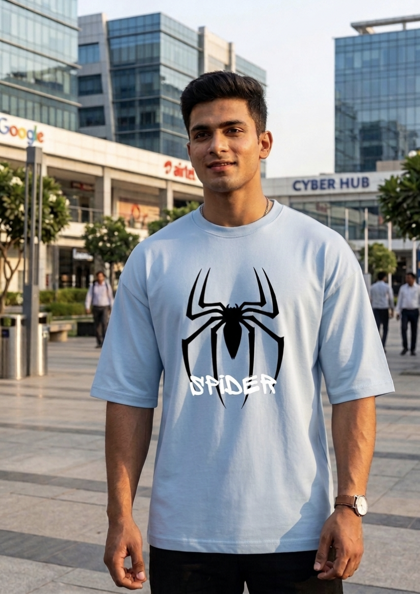 Unisex blue Spider Print Oversized T-Shirt by Street Gully featuring drop shoulder streetwear style and bold spider graphic.