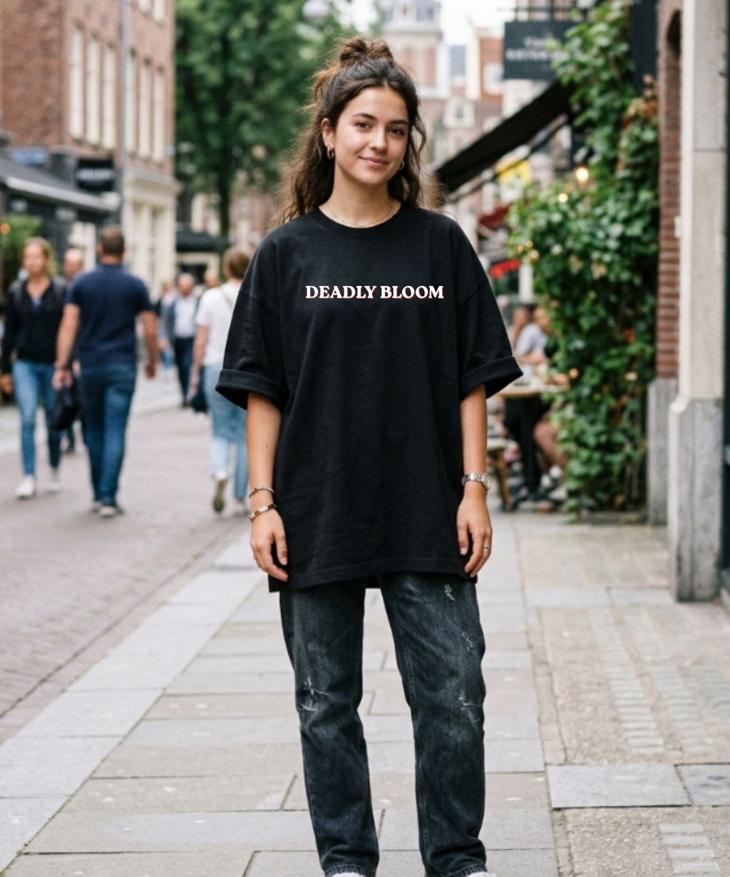 Deadly Bloom unisex oversized tee by Street Gully, heavy cotton blend, featuring a bold graphic design on a lightweight terry fabric.