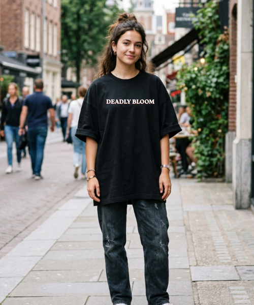 Deadly Bloom unisex oversized tee by Street Gully, heavy cotton blend, featuring a bold graphic design on a lightweight terry fabric.