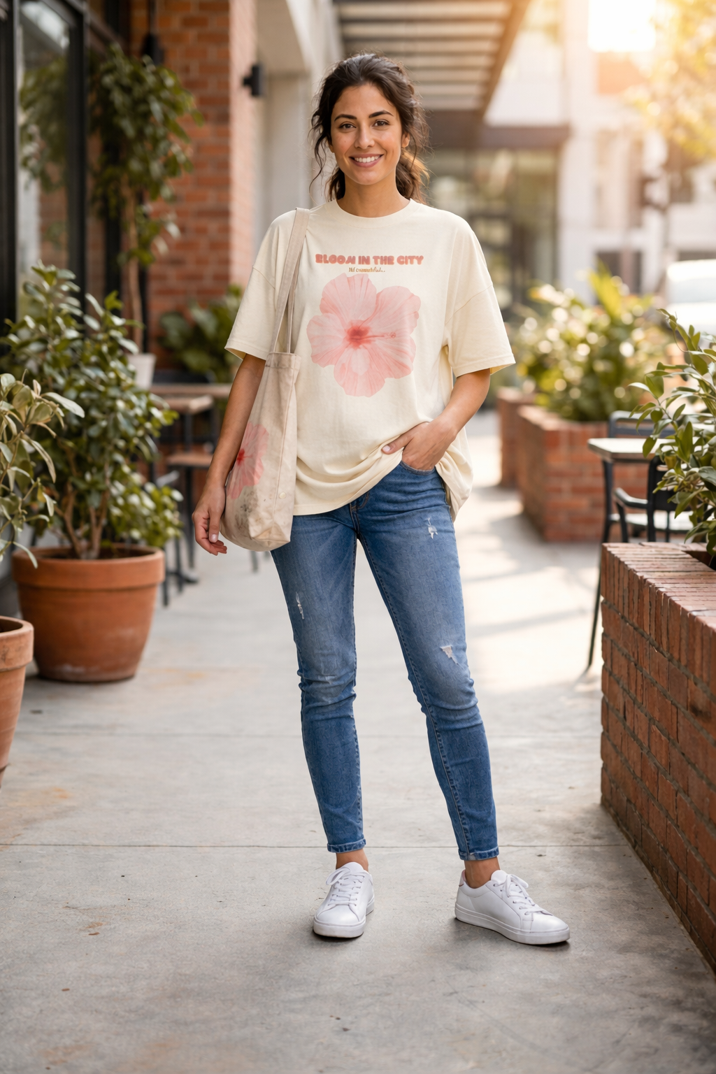 Sand beige oversized T-shirt by Street Gully with floral graphic design, featuring a relaxed fit and casual streetwear style.
