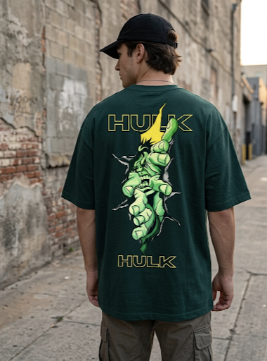 Bottle green oversized T-shirt featuring the Incredible Hulk graphic by Street Gully, casual fit, and bold print design.