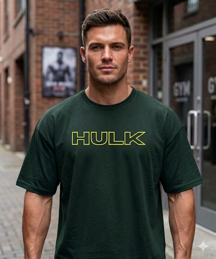 Bottle green oversized T-shirt featuring Incredible Hulk graphic design by Street Gully, casual fit and vibrant display.