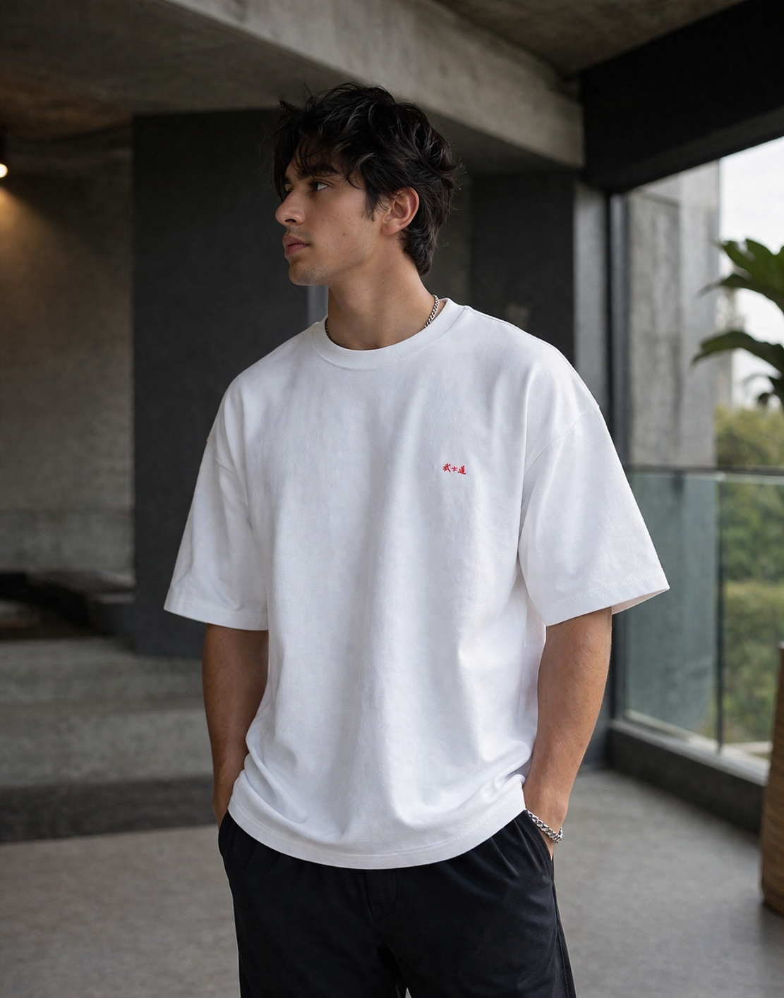 "Premium white oversized t-shirt featuring a minimalist 'Japanese Warrior' text print in black calligraphy script on the left chest pocket area.
