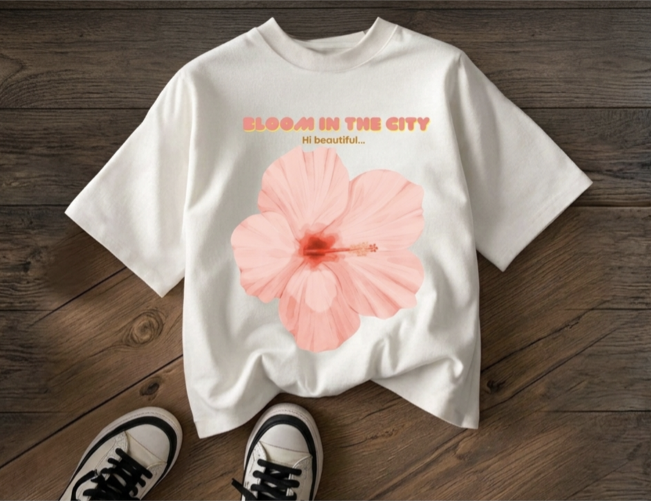 Street Gully floral graphic oversized T-shirt in sand beige, featuring colorful floral print on soft, relaxed-fit fabric.