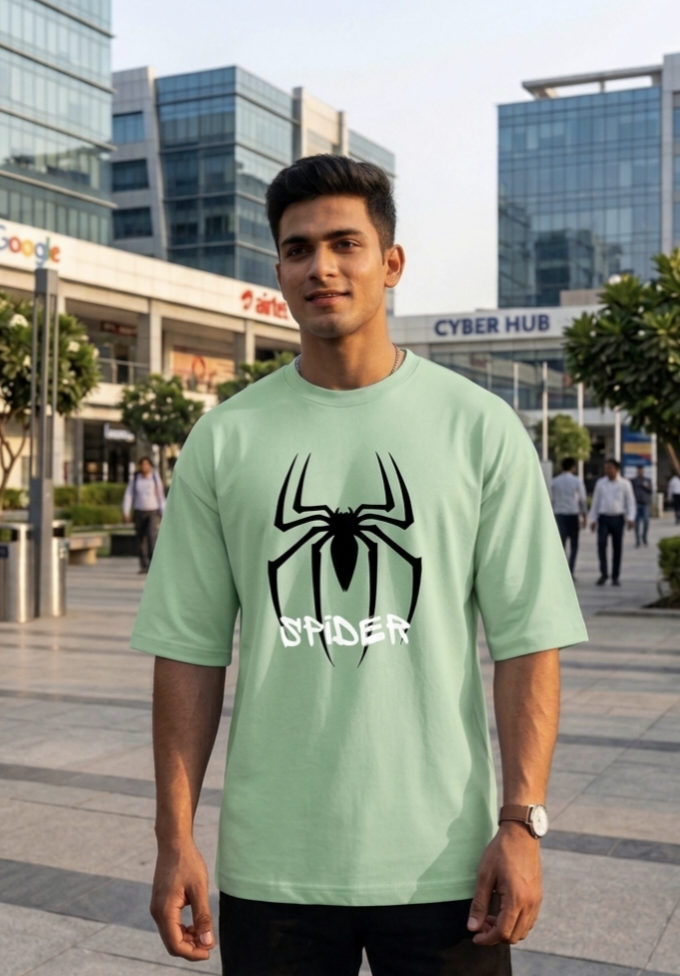 Unisex jade Spider Print Oversized T-Shirt by Street Gully featuring drop shoulder streetwear style and bold spider graphic.