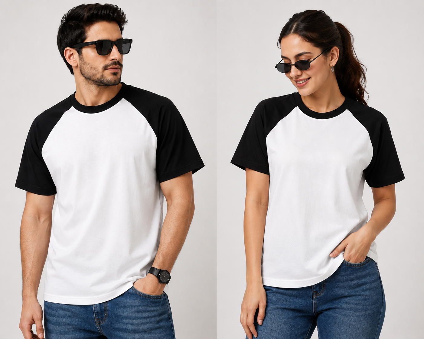 "Premium unisex raglan sleeve T-shirt with off-white body and olive green contrast sleeves, soft cotton crew neck casual tee for men and women."
