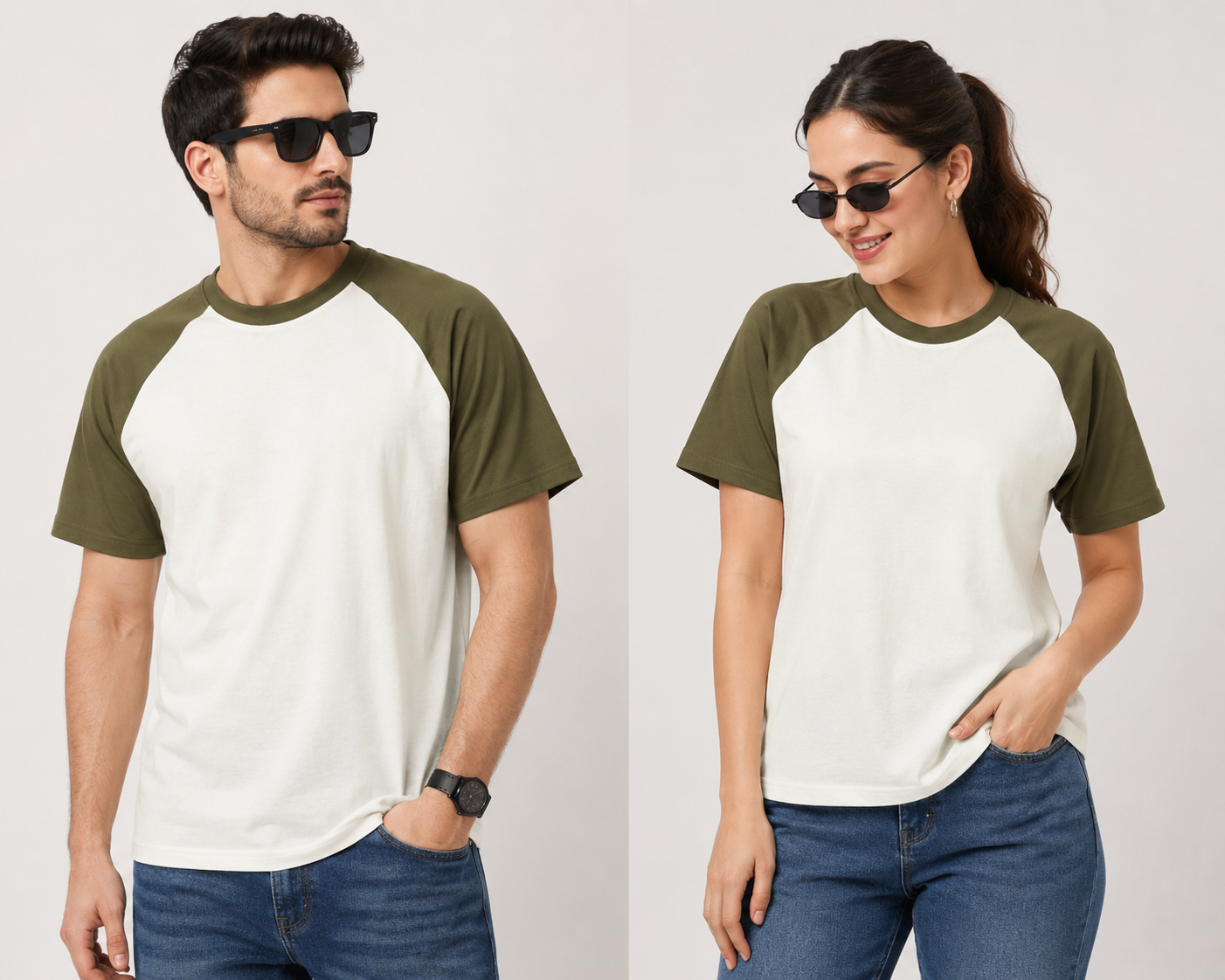 Premium unisex raglan sleeve T-shirt in off-white with olive green contrast sleeves, soft cotton casual crew neck tee for men and women.