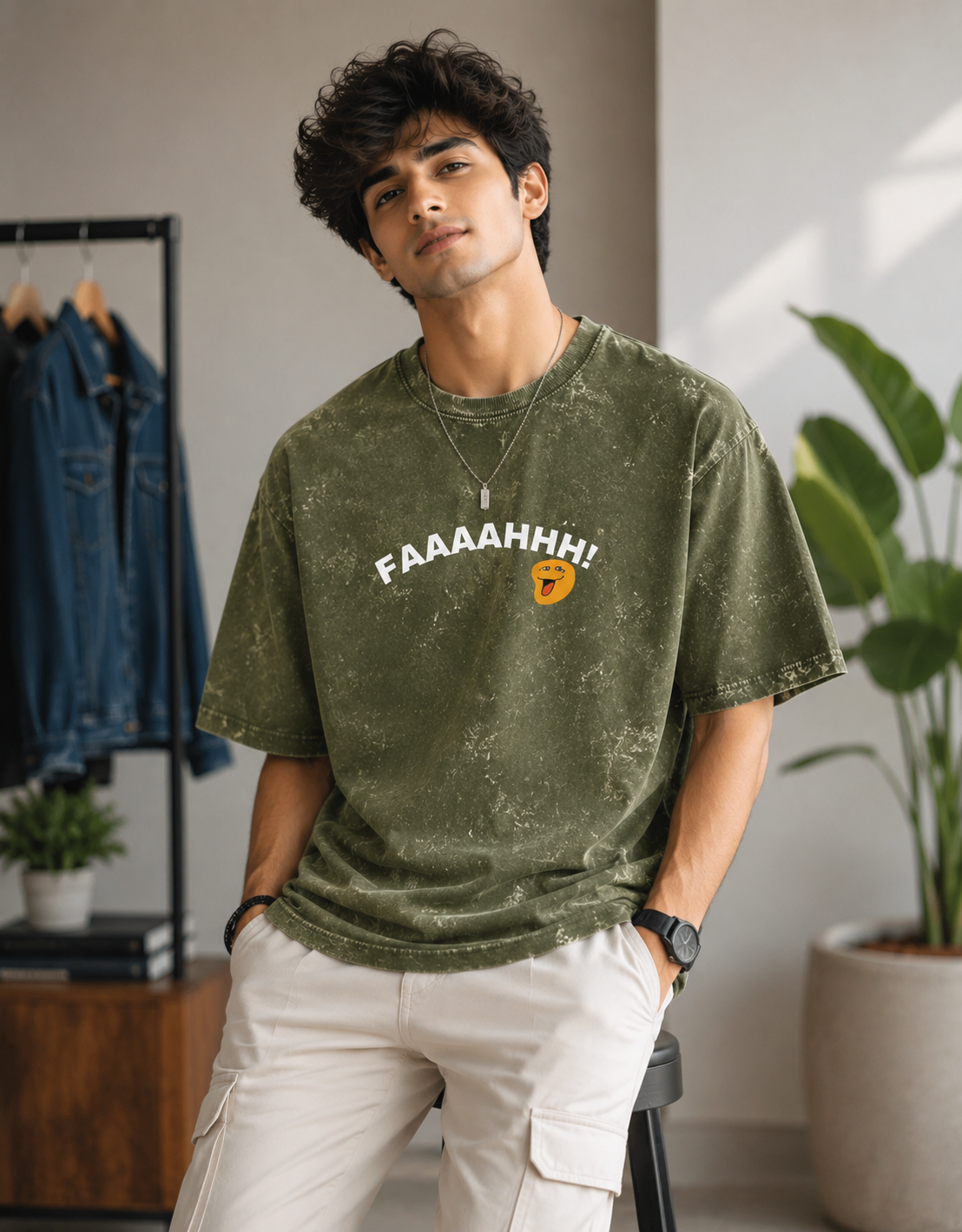 FAAAAHHH! oversized acid wash t-shirt for men in olive green acid wash color with trendy streetwear aesthetic and comfortable oversized fit worn by male model.